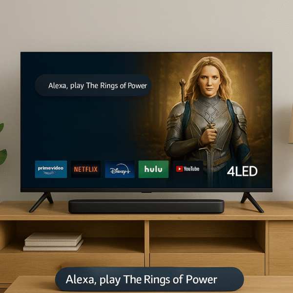 65” Fire TV Omni QLED with Alexa command displayed