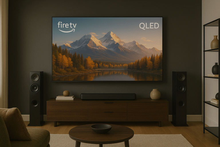 75” Fire TV Omni QLED Full wall mount in modern theater room layout