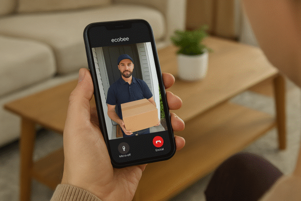 A homeowner answering the door remotely on their smartphone via the ecobee app.