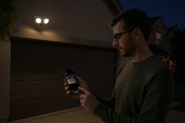 A homeowner checking the live feed on their phone while floodlights turn on.