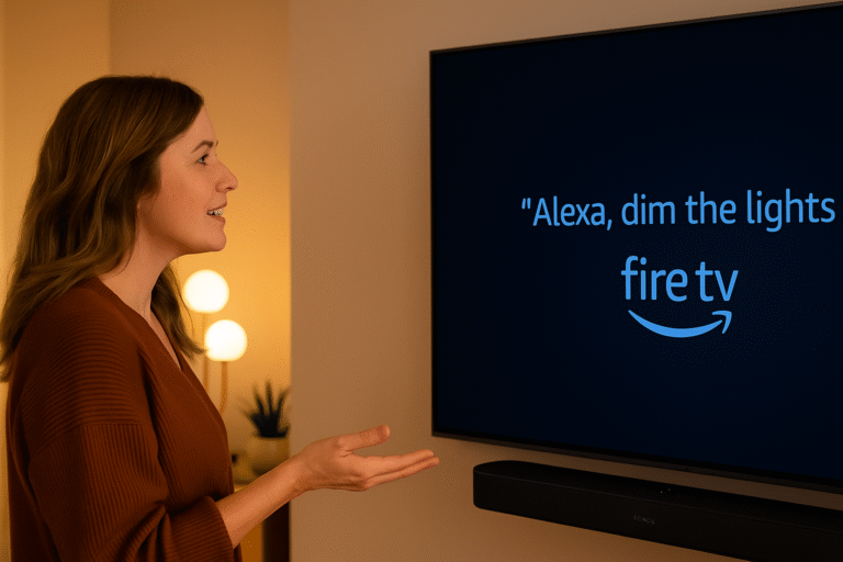 A person speaking to the TV with smart lights dimming in the background