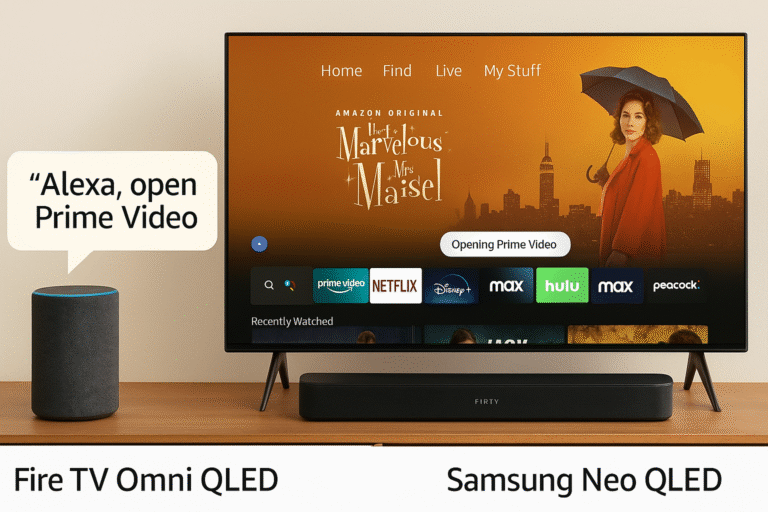 Alexa-enabled Echo device next to Fire TV screen with command overlay
