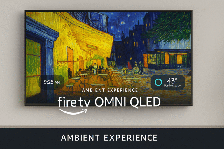 Ambient Experience on Omni QLED showing art + Alexa weather overlay image of product in center