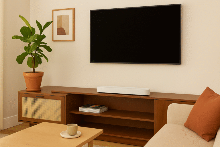 Beam Gen 2 under a wall-mounted TV in a modern living room