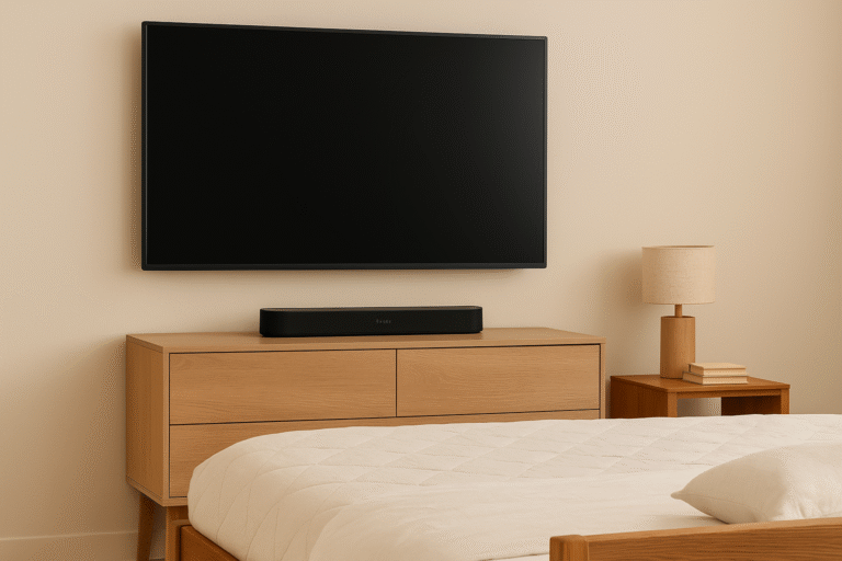 Bedroom TV setup with Beam Gen 2 centered beneath screen