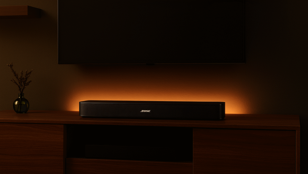 Bose Smart Soundbar 600 Soundbar under floating shelf with ambient lighting