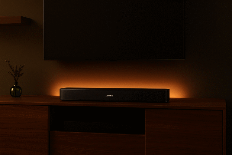 Bose Smart Soundbar 600 Soundbar under floating shelf with ambient lighting