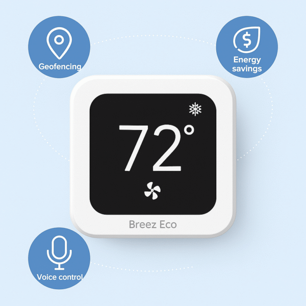 Breez Eco smart AC controller with voice, geofencing, and climate icons