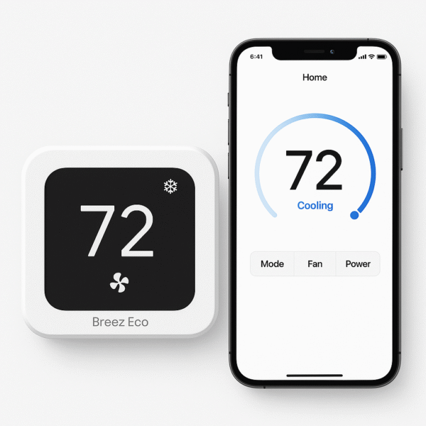 Breez Eco with companion app screen on white background