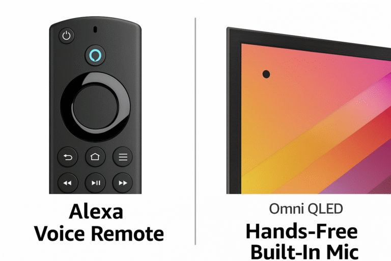 Close-up of Alexa Voice Remote vs hands-free built-in mic on Omni QLED