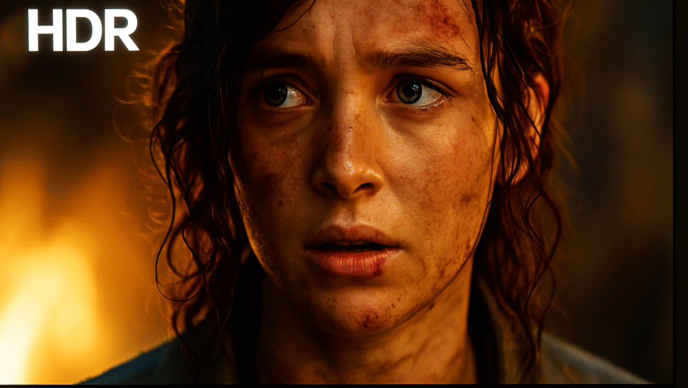 Close-up of HDR video playing on the screen (demo mode or cinematic scene)