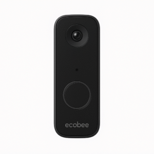 Close-up of the doorbell showing its sleek black design.