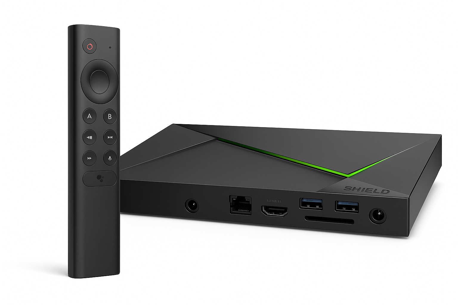 Close-up photo of Shield TV Pro with remote and ports visible
