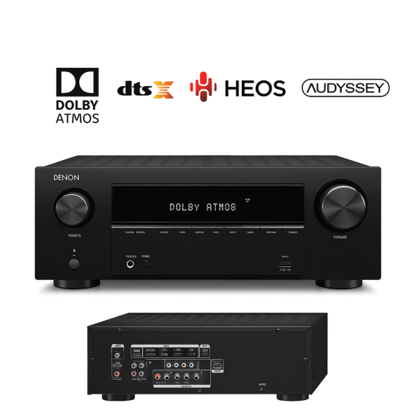 Denon AVR-S760H Dolby Atmos HEOS Audyssey AirPlay icons overlay on white background
