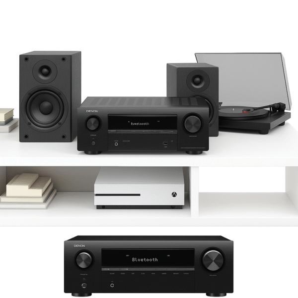 Denon AVR-S760H in home audio setup with speakers and turntable on white background