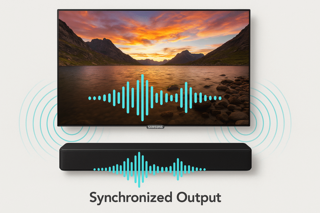 Diagram showing synchronized output from TV + soundbar