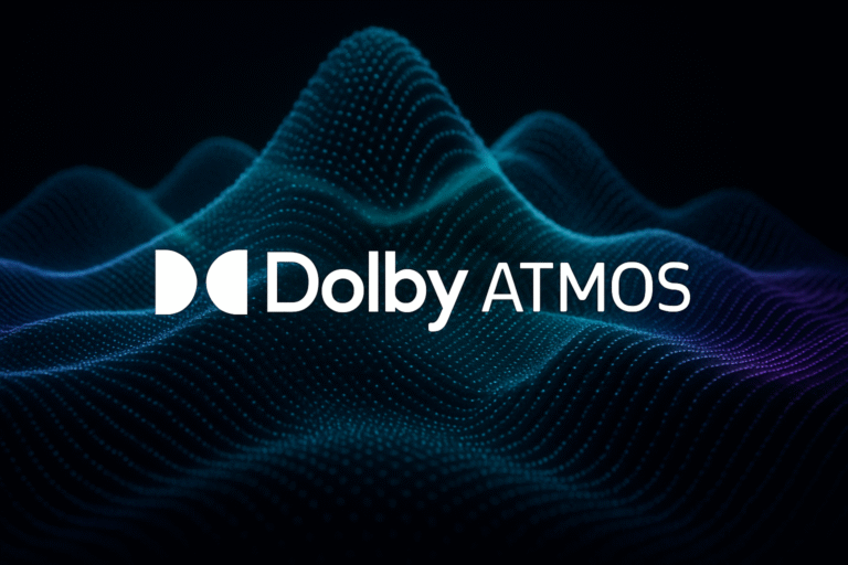 Dolby Atmos logo with 3D soundwave animation visual