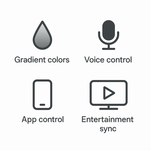 Feature Overlay Image Icons for gradient colors, voice control, app control, entertainment sync.