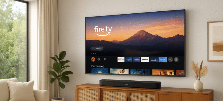 Fire TV Omni QLED (75) wall-mounted in a stylish living room.