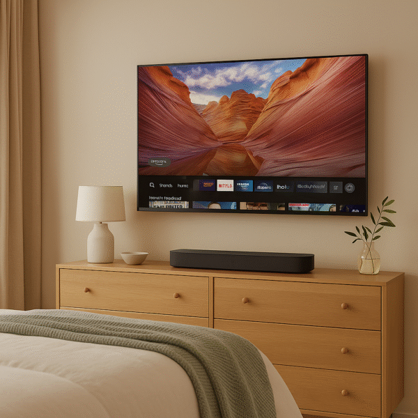 Fire TV Omni QLED Lifestyle shot of 43” model in a bedroom or on a kitchen wall generate image in hero format
