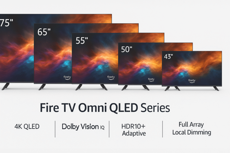 Fire TV Omni QLED Series Side-by-side image of all 5 TV sizes with common specs