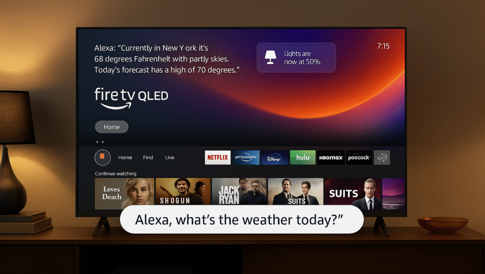 Fire TV home screen with Alexa weather and lighting overlay