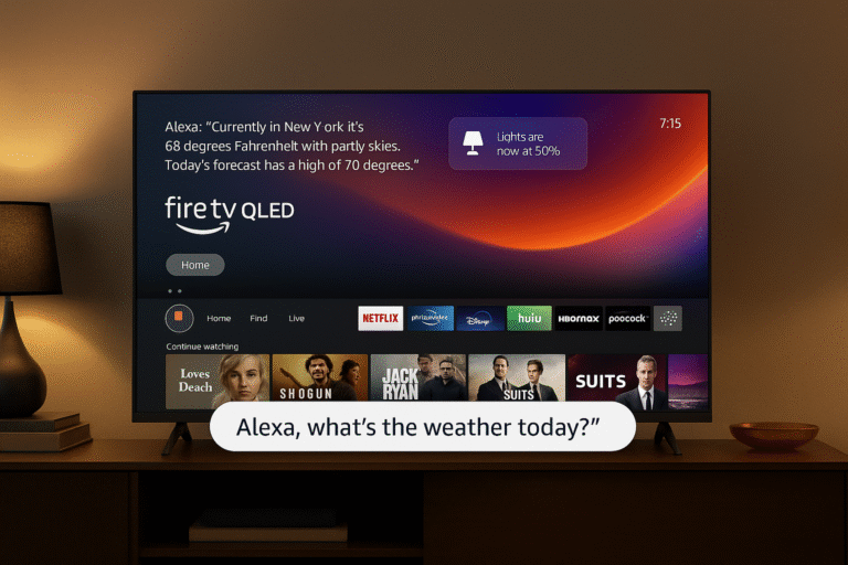 Fire TV home screen with Alexa weather and lighting overlay