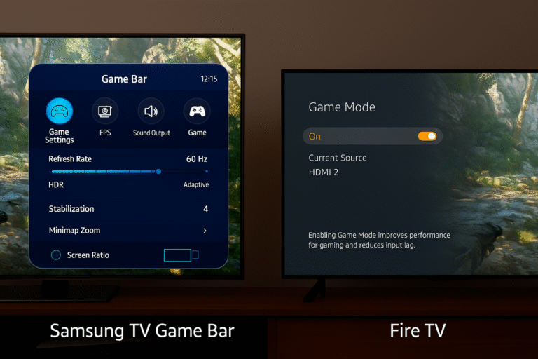 Game Bar interface on Samsung vs Fire TV Game Mode toggle