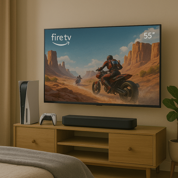 Gaming setup with 65” Fire TV and PS5