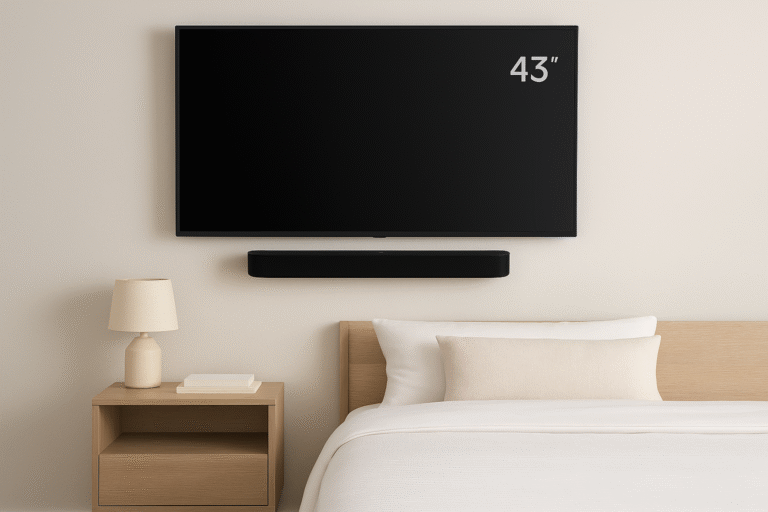 Gen 2 positioned under a wall-mounted 43 inch TV in a minimalist bedroom