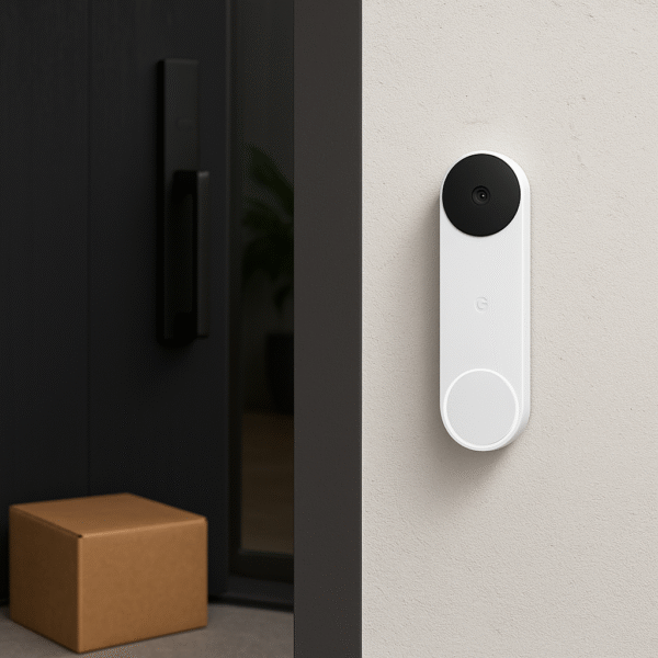 Google Nest Doorbell (Battery) mounted on a modern home entrance with a delivery package visible.