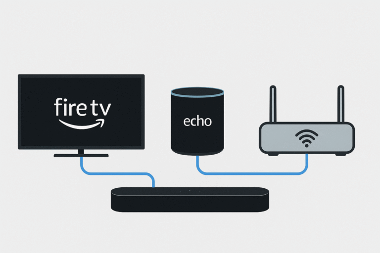 Graphic showing Fire TV + Echo + Router connected