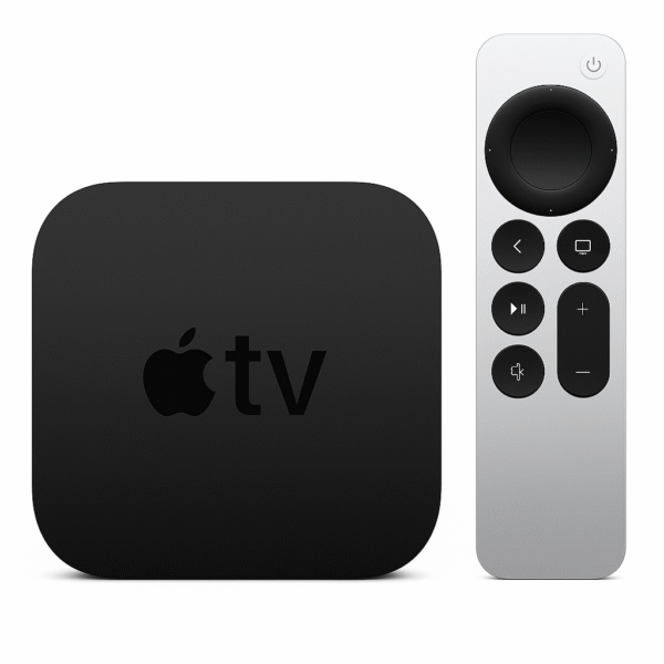 High-resolution photo of Apple TV 4K (3rd Gen) with remote on a white background