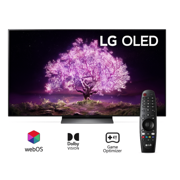 LG C2 OLED TV with Magic Remote and webOS smart features on white background