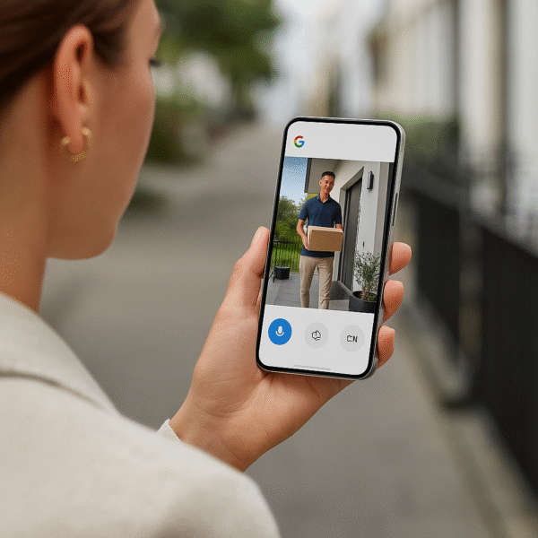 Lifestyle Image A homeowner viewing live video feed on their phone while away.
