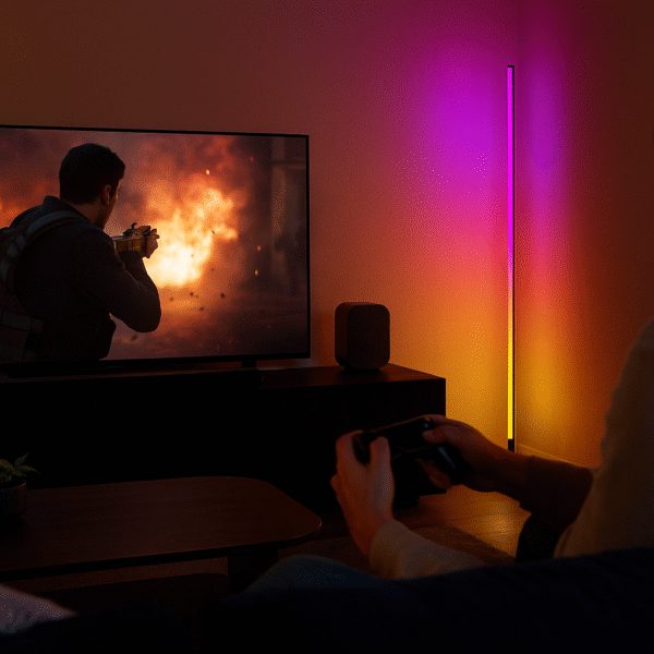 Lifestyle Image Gaming or movie setup with the lamp syncing in the background.