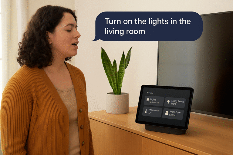 Lifestyle image showing voice-command interaction in a smart home setup