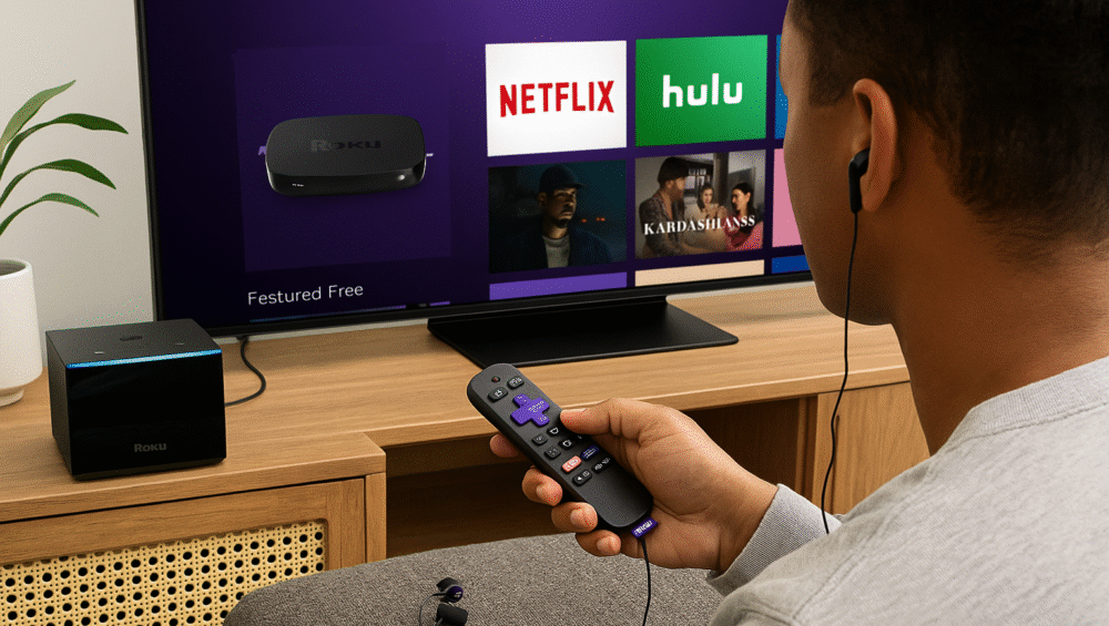 Lifestyle photo of Roku Ultra in use in hero format