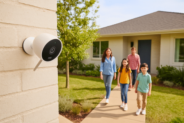 Nest Cam mounted on an exterior wall overlooking a front yard with family entering the house.