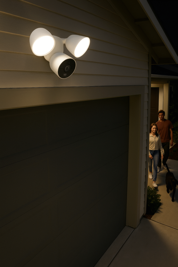 Nest Cam with Floodlight mounted on a garage, illuminating a driveway at night.