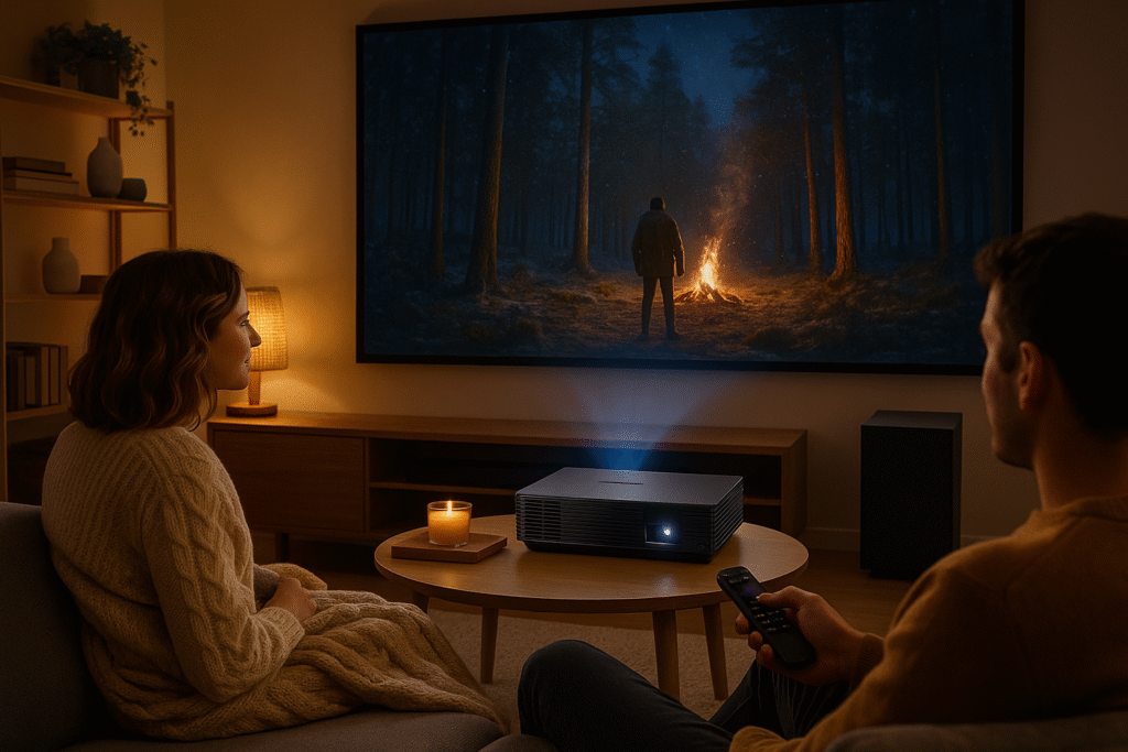 Optoma HD146X Projector Cozy viewing scene with projector showing a movie or game