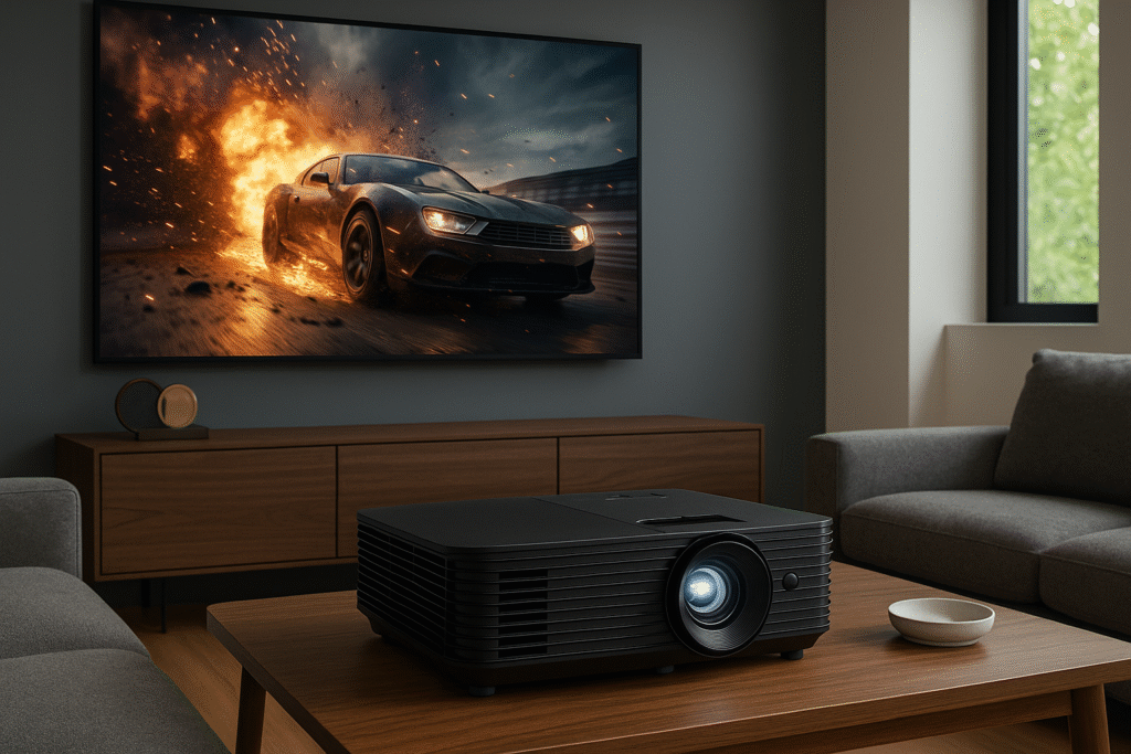Optoma HD146X Projector Lifestyle image showing projector in a living room or dedicated media room