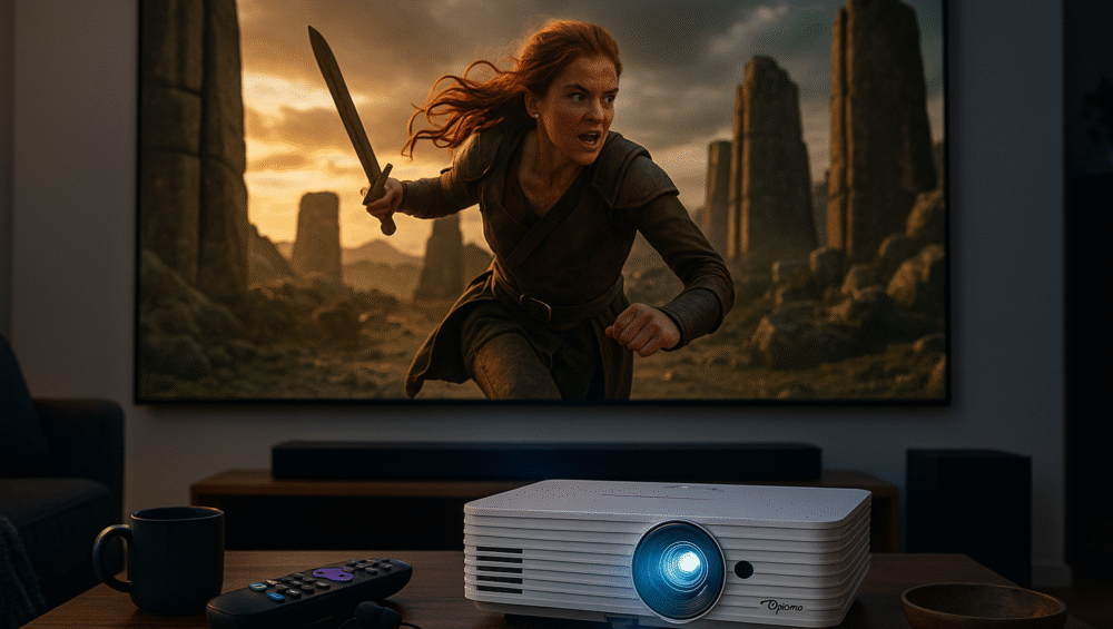 Optoma HD146X Projector showing a movie scene
