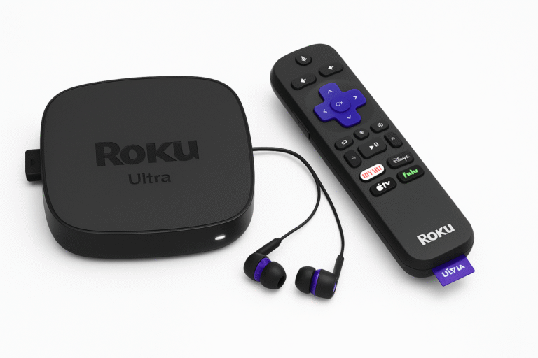 Product image of Roku Ultra with remote and headphones