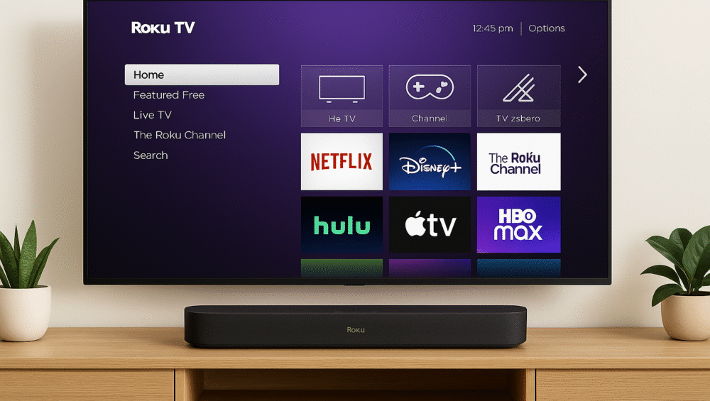 Roku Streambar Pro setup with Roku TV interface on screen – smart soundbars under $500