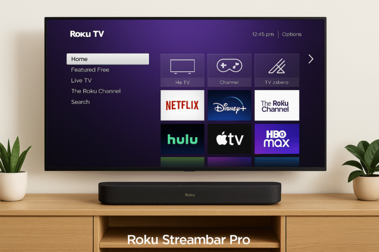Roku Streambar Pro Setup with Roku TV interface on screen