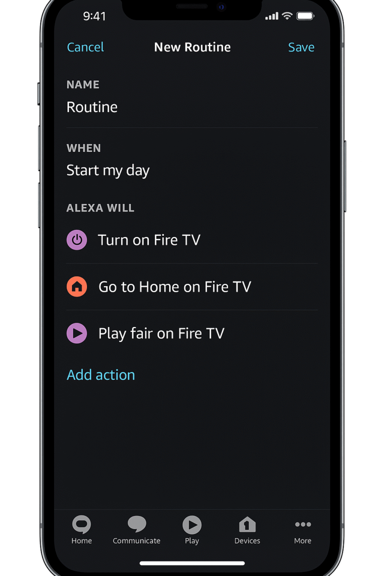 Routine builder screen in Alexa app showing Fire TV actions
