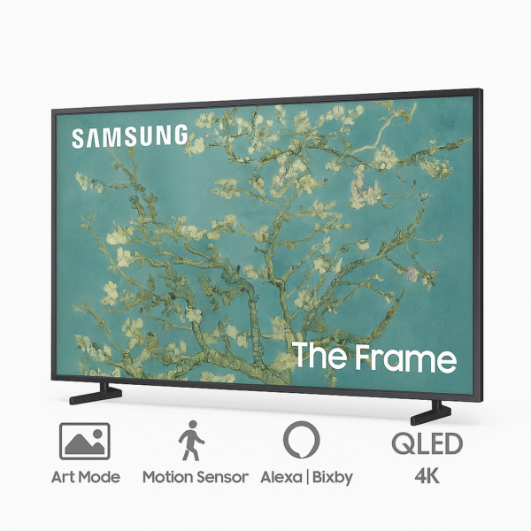 Samsung Frame TV smart features - Art Mode, QLED, Alexa, motion sensor icons on white background