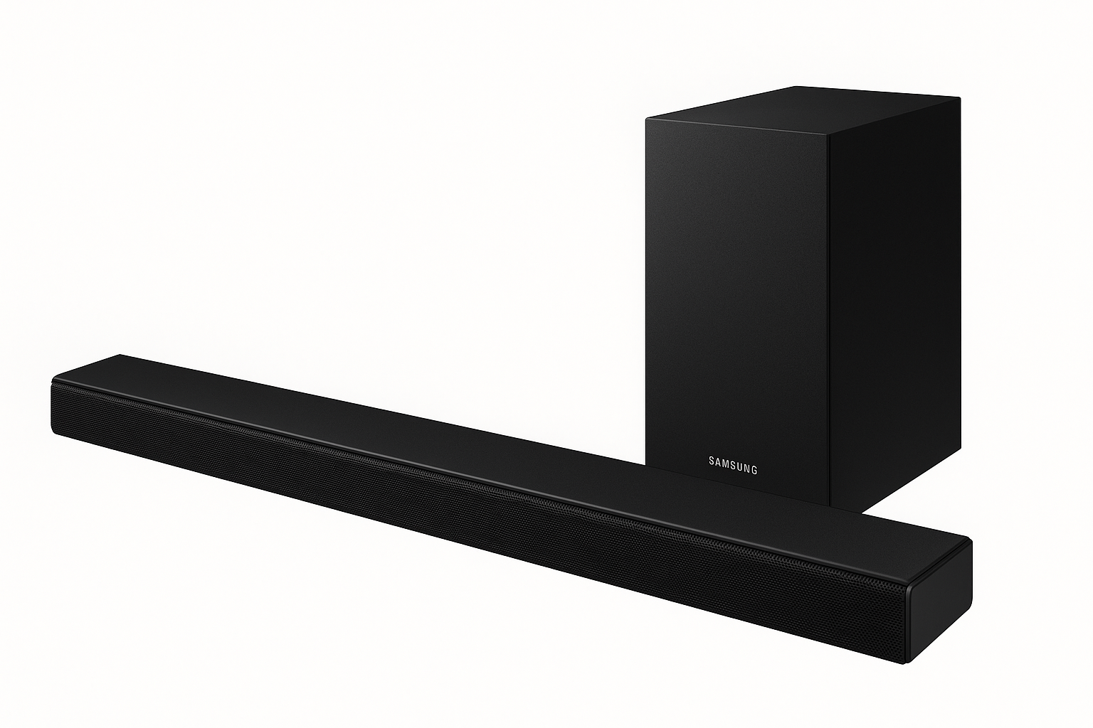 Samsung HW-Q700C Atmos soundbar for Samsung TVs displayed on a TV stand, featuring a slim design with wireless subwoofer and modern matte finish.