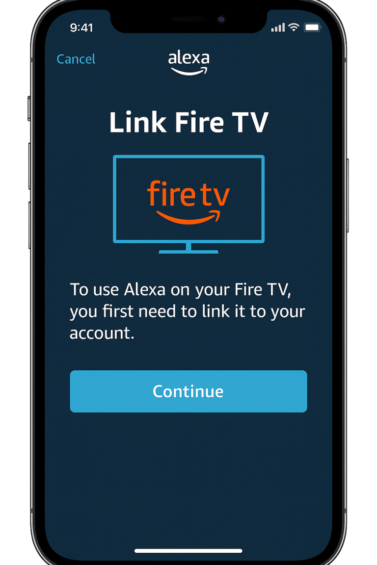 Screenshot of Alexa app showing “Link Fire TV” screen